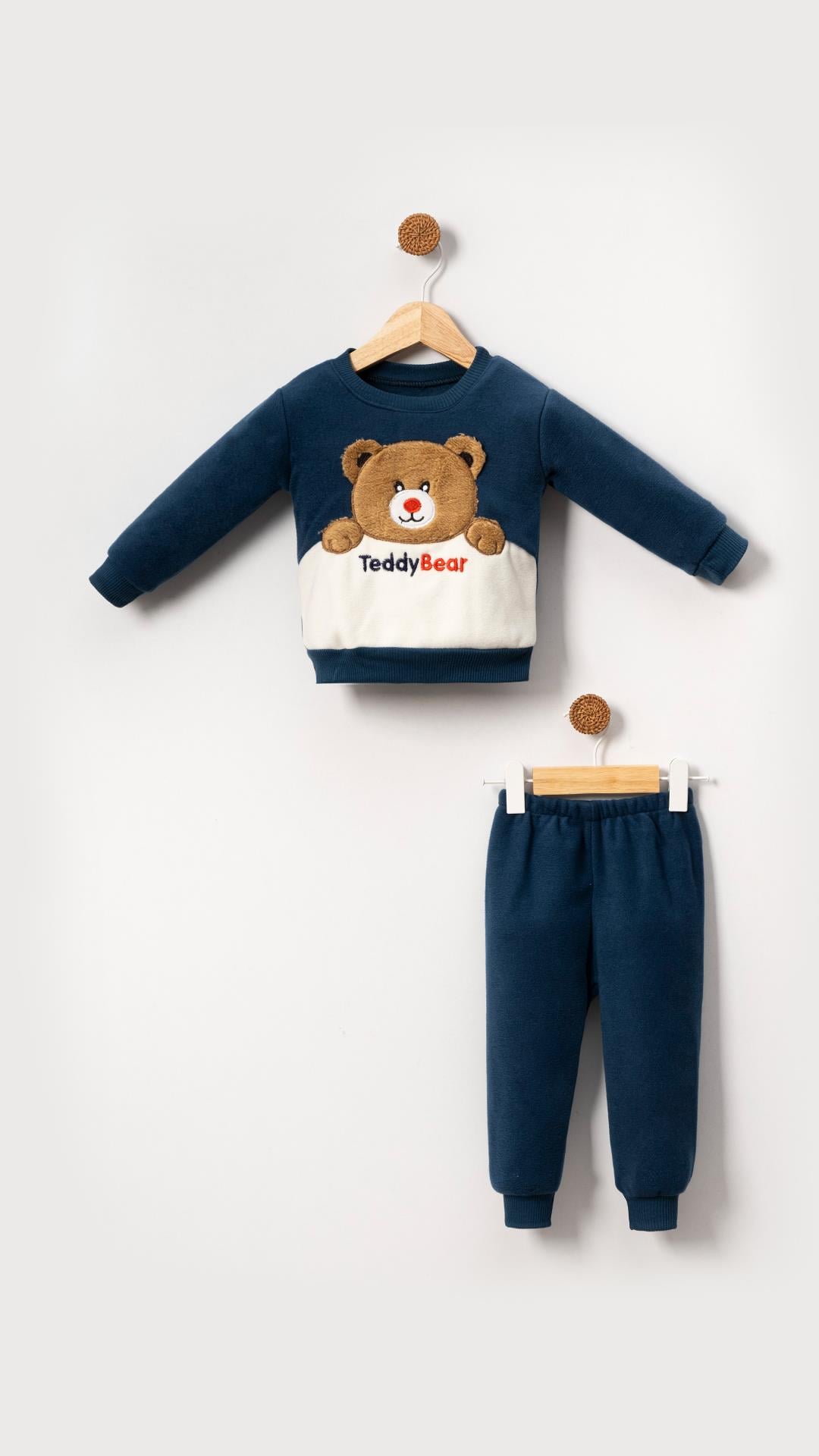 Teddy Bear Görselli Erkek Bebek & Çocuk Polar Kışlık Alt Üst Takım-İndigo