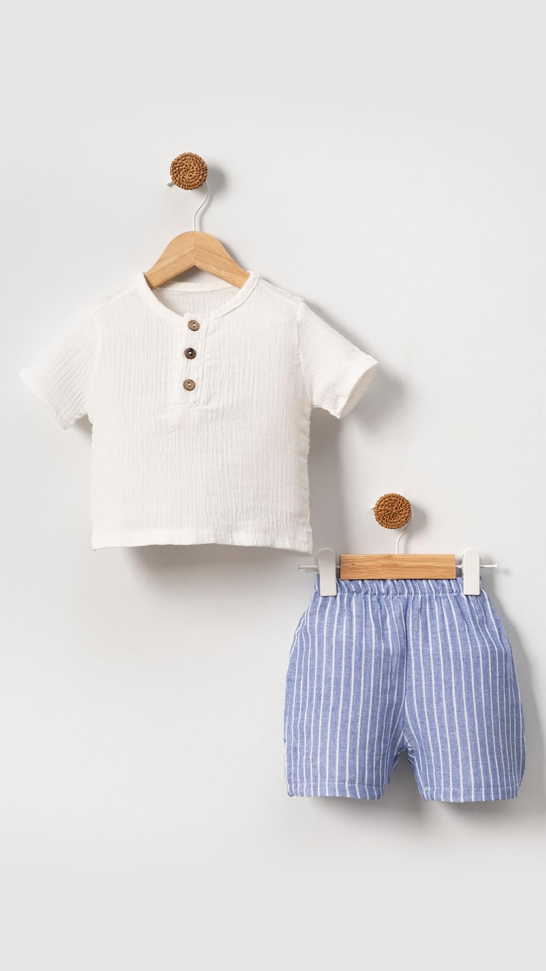 Unisex Bebek&Çocuk %100 Pamuklu Çizgili Düğmeli Müslin Şort Takım-Mavi