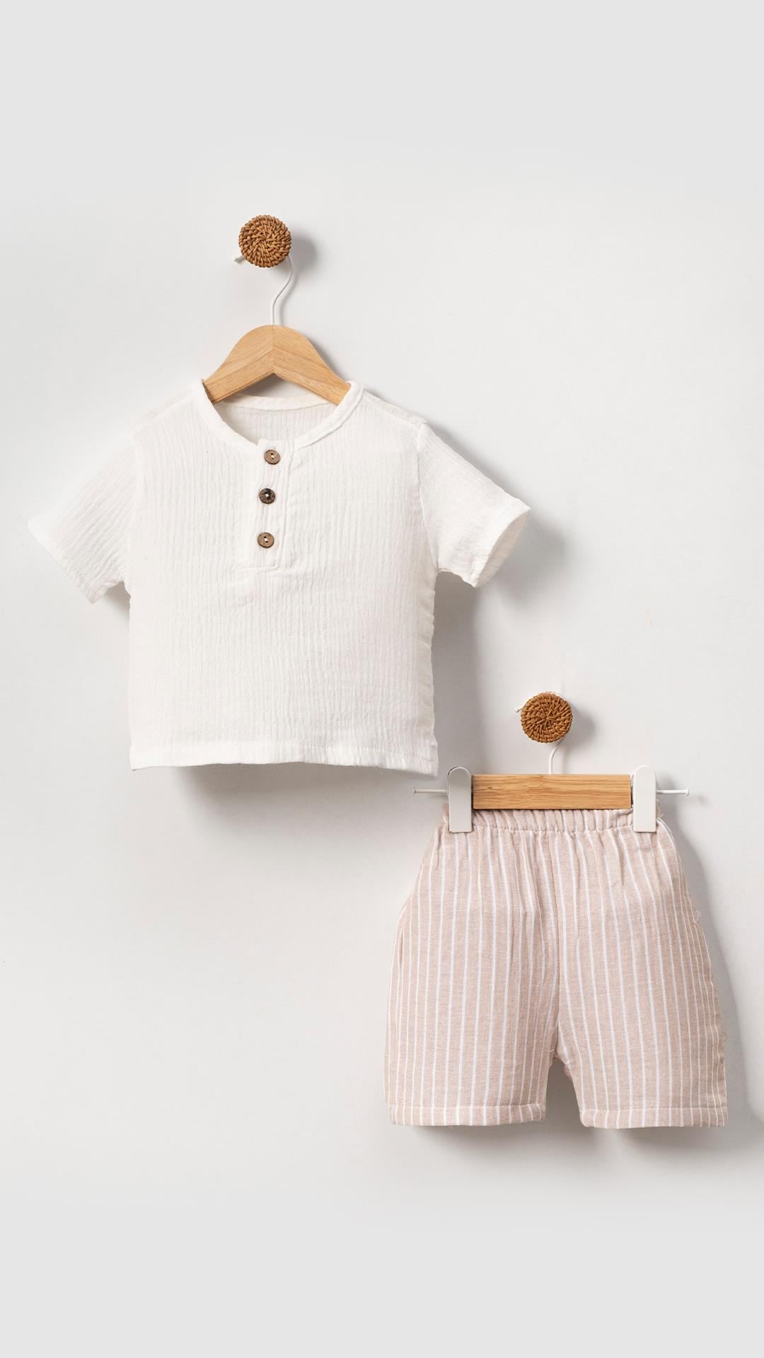 Unisex Bebek&Çocuk %100 Pamuklu Çizgili Düğmeli Müslin Şort Takım-Bej