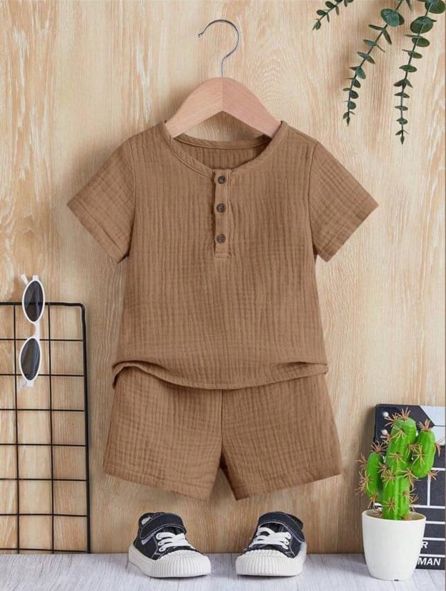 Unisex Bebek&Çocuk %100 Pamuklu Düğmeli Müslin Alt Üst Şort Takım-Kahve