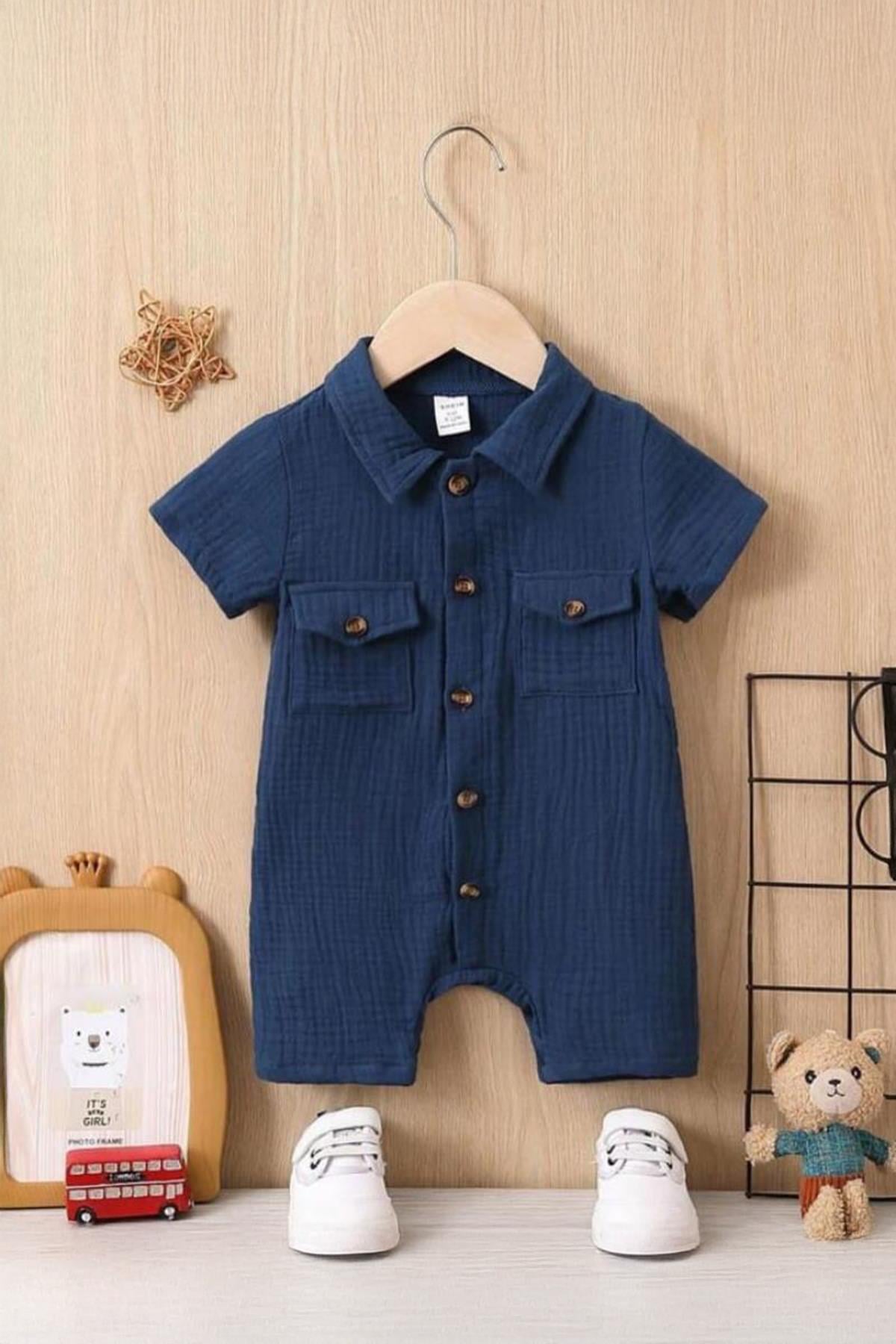 Unisex Bebek&Çocuk %100 Pamuklu Tahta Düğmeli Cepli Müslin Tulum-Mavi