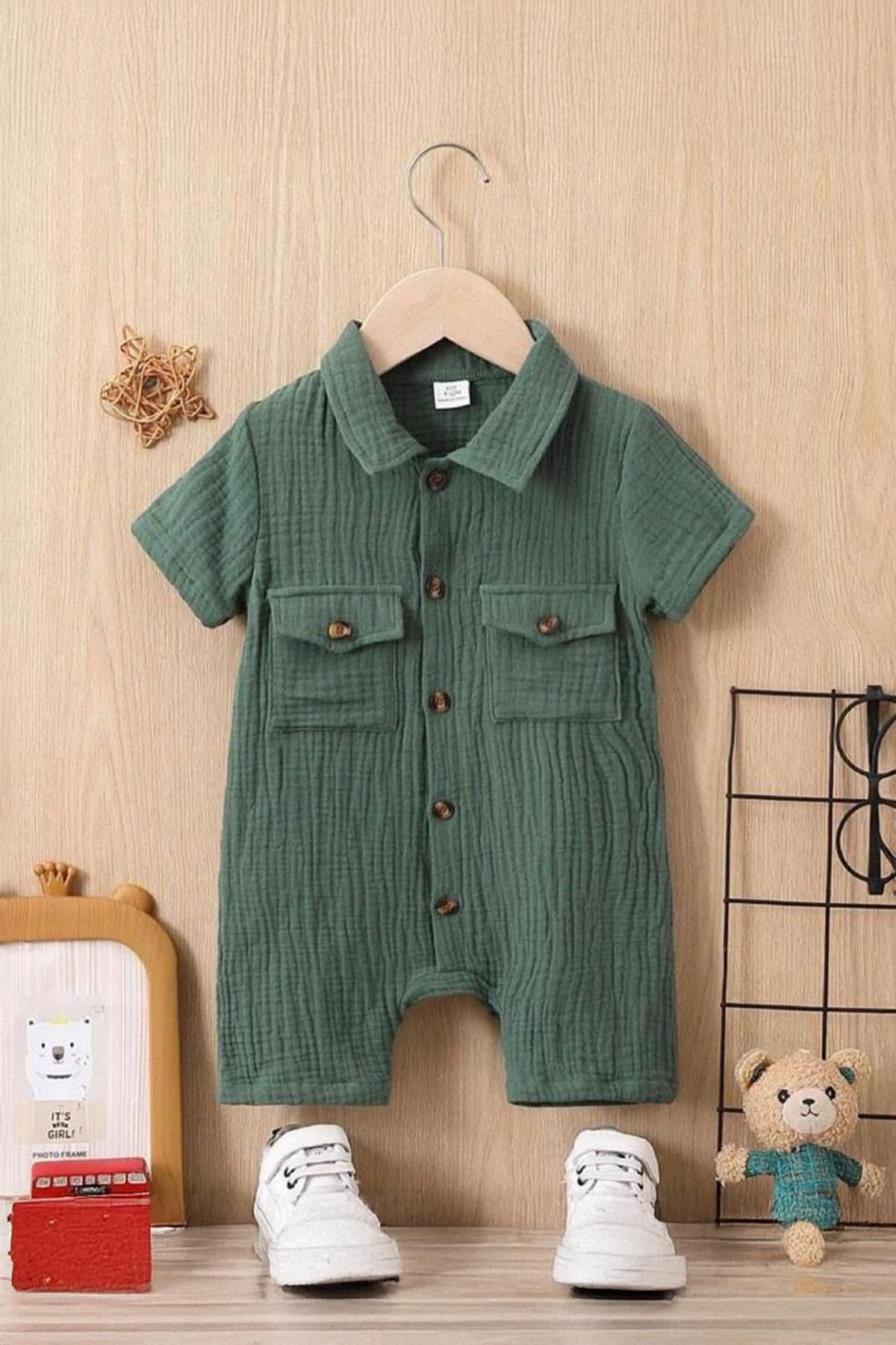 Unisex Bebek&Çocuk %100 Pamuklu Tahta Düğmeli Cepli Müslin Tulum-Yeşil