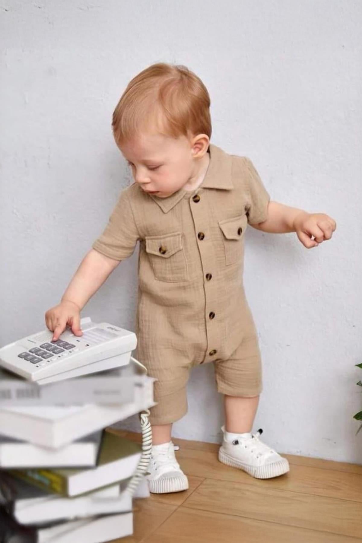 Unisex Bebek&Çocuk %100 Pamuklu Tahta Düğmeli Cepli Müslin Tulum-Bej