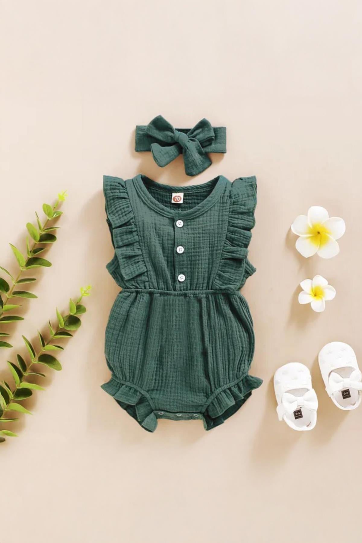 Unisex Kız Bebek&Çocuk %100 Pamuklu Bandanalı Tulum-Yeşil