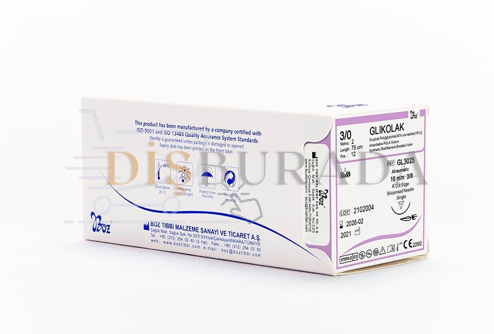 Boz - Glıkolak (Eriyebilen) 3 Usp:2/0 26 Mm 3/8 Aşağı Keskin 75 Cm Tek İğne Vıolet Ref:Gl3822