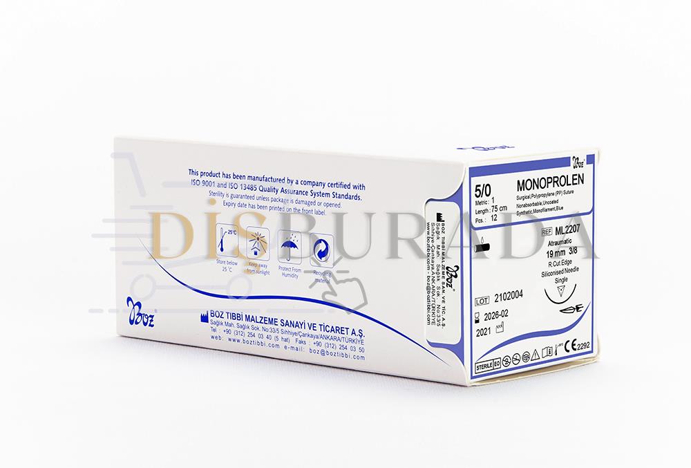 Boz - Monoprolen (Polypropilen-Pp) Usp:4/0 19Mm 3/8 Aşağı Keskin 75Cm Tek İğne Mavi Ref:Ml2642