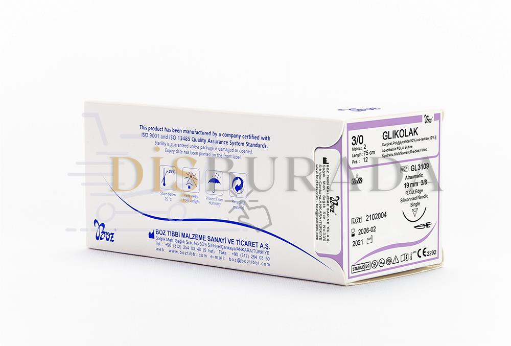 Boz - Glıkolak (Eriyebilen) 3 Usp:2/0 26 Mm 3/8 Aşağı Keskin 75 Cm Tek İğne Vıolet Ref:Gl3822