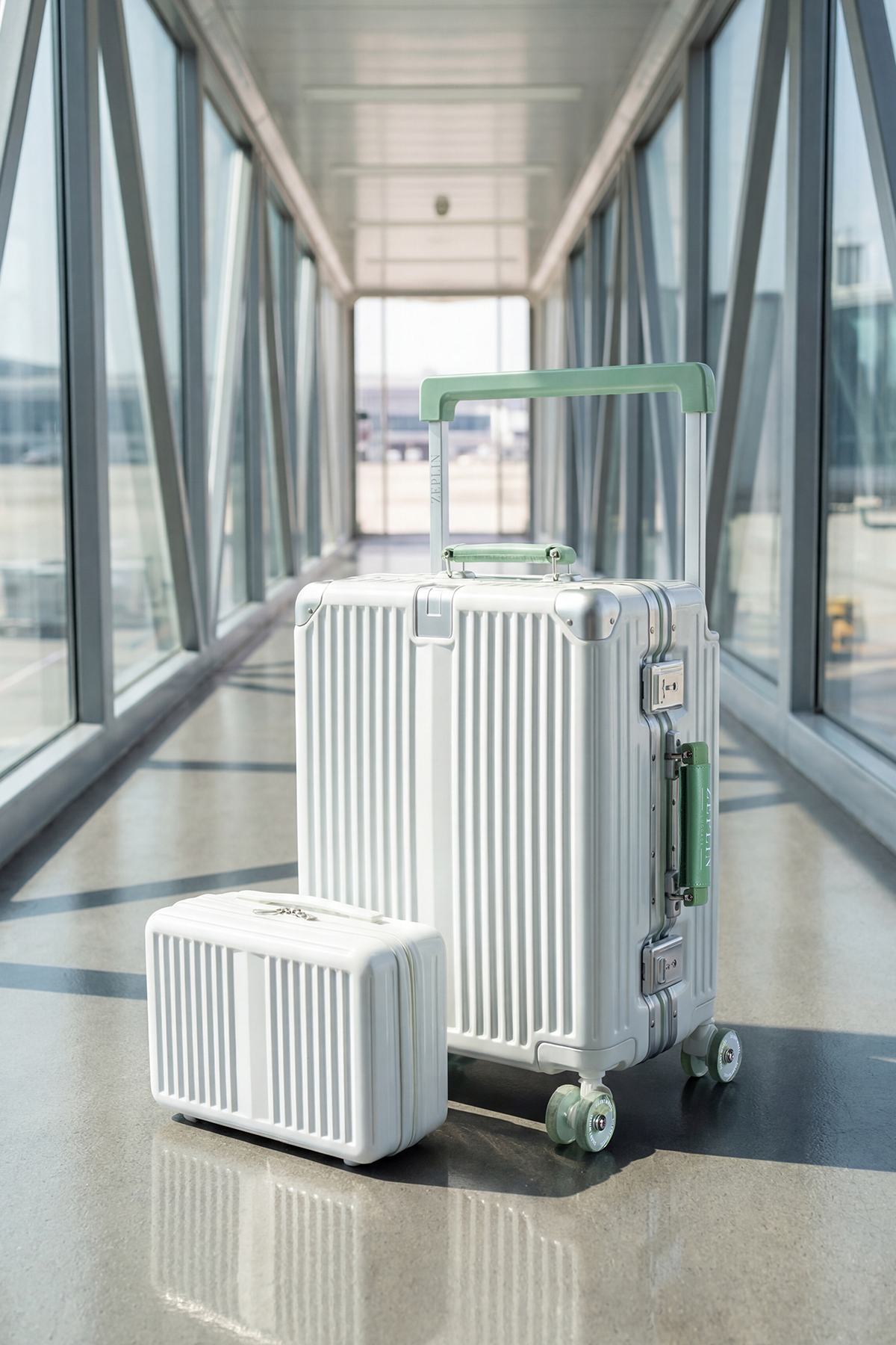 Zeplin Boxy PC Policarbon 2'li Valiz Seti (Kabin ve Makyaj) Beyaz-Yeşil