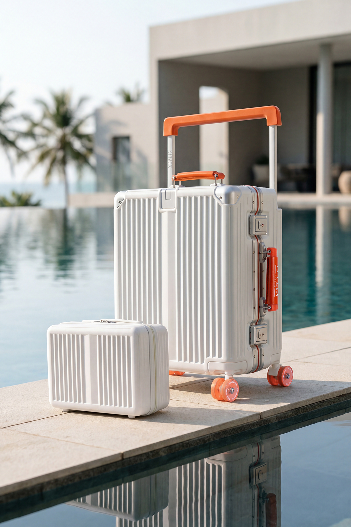 Zeplin Boxy PC Policarbon 2'li Valiz Seti (Kabin ve Makyaj) Beyaz-Turuncu