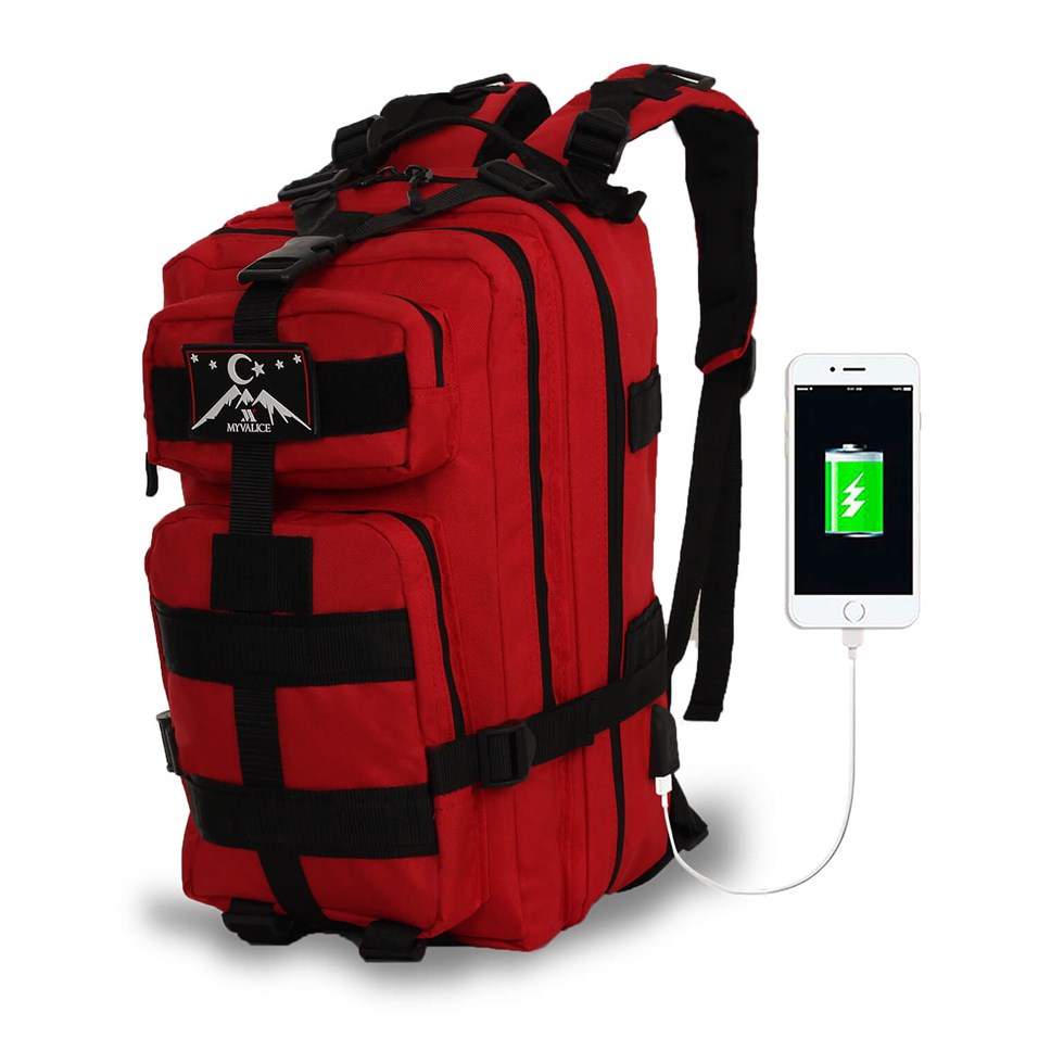My Valice Smart Bag Army 30 lt Usb Şarj Girişli Outdoor Dağcı Sırt Çantası  Kırmızı | My Valice