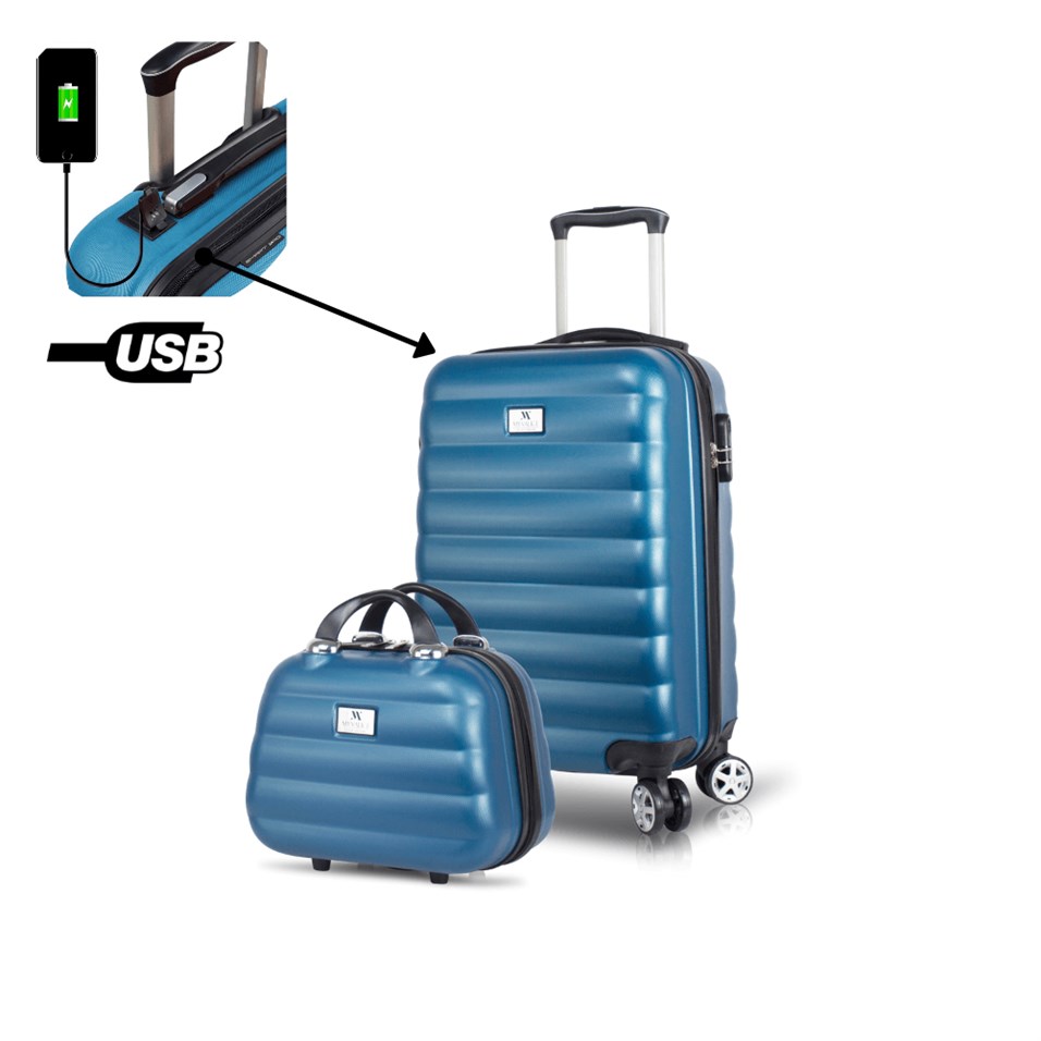 My Valice Smart Bag Colors Usb Şarj Girişli 2'li Valiz Seti (Kabin ve Makyaj) Petrol Mavi