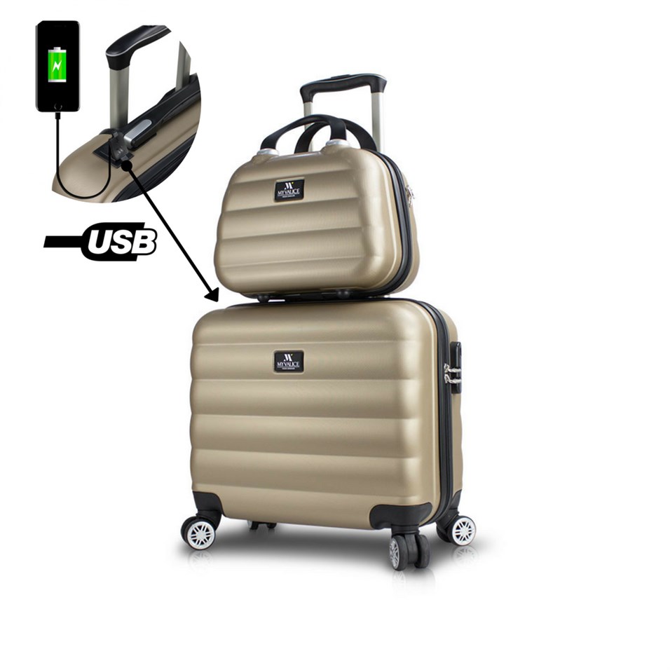 My Valice Smart Bag Colors Usb Şarj Girişli 2'li Valiz Seti (Pilot ve Makyaj) Gold