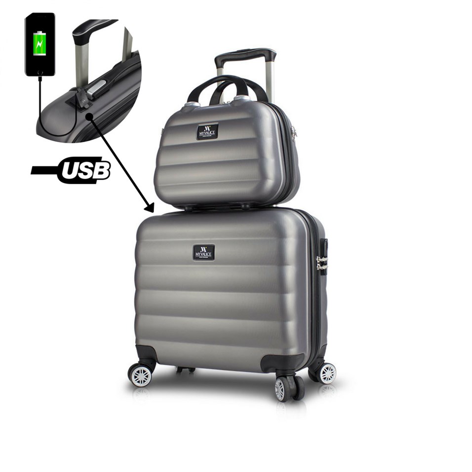 My Valice Smart Bag Colors Usb Şarj Girişli 2'li Valiz Seti (Pilot ve Makyaj) Antrasit