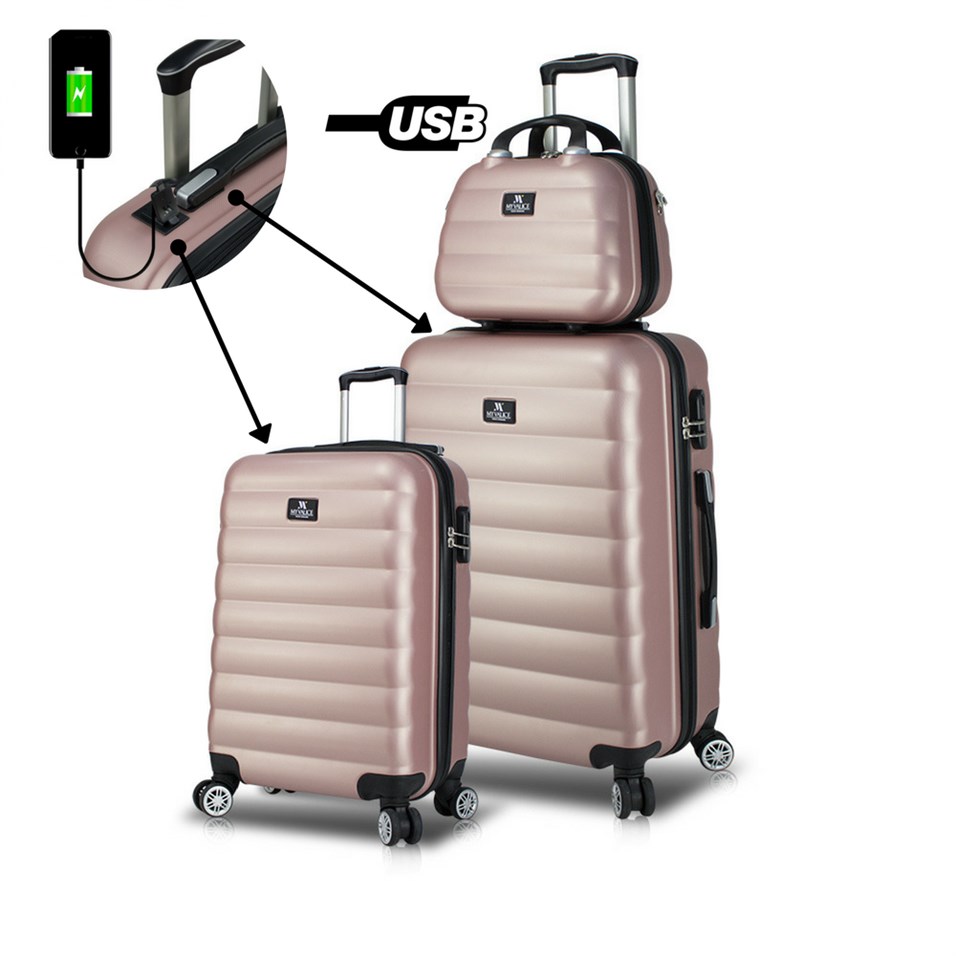My Valice Smart Bag Colors Usb Şarj Girişli 3'lü Valiz Seti (Kabin, Orta ve Makyaj) Rose