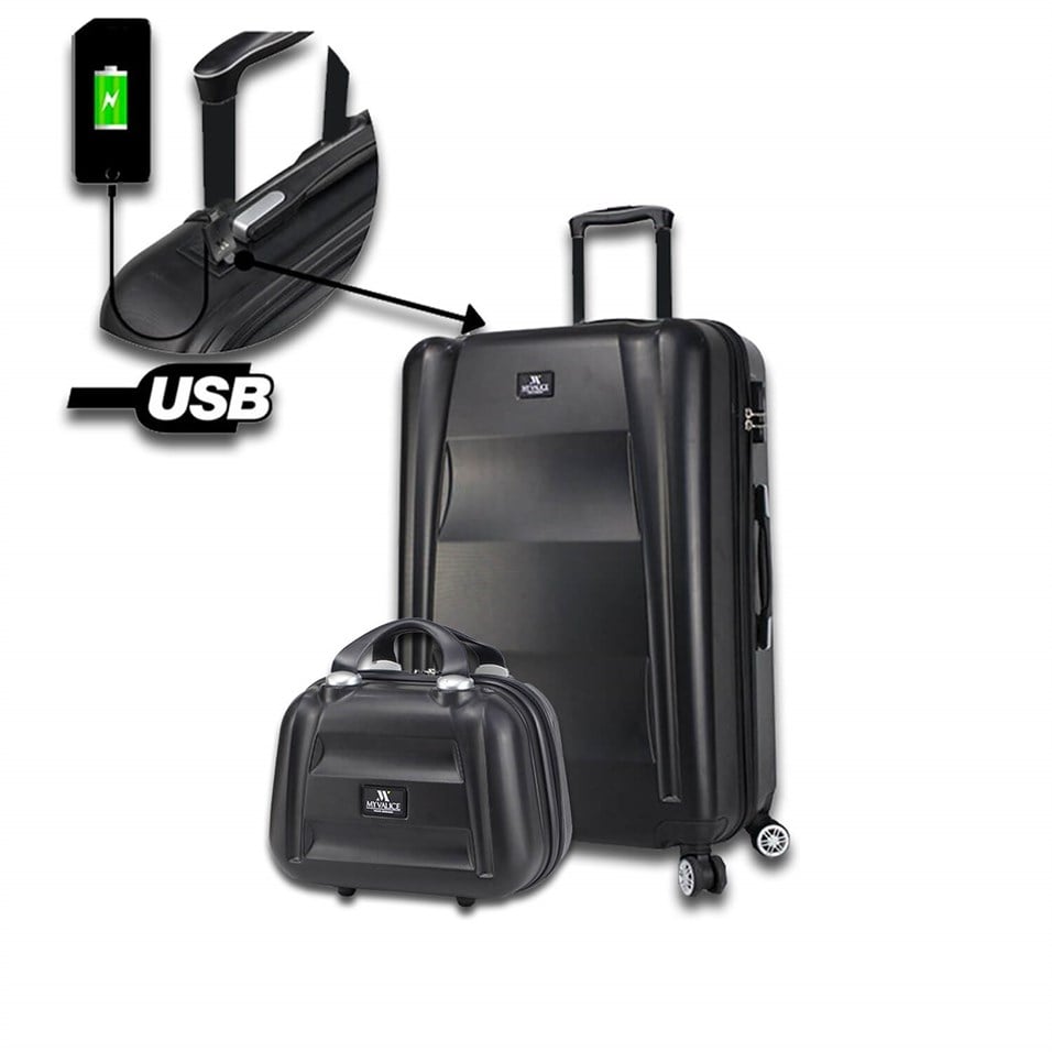 My Valice Smart Bag Exclusive Usb Şarj Girişli 2'li Valiz Seti (Orta ve Makyaj) Siyah