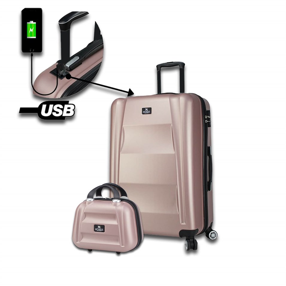 My Valice Smart Bag Exclusive Usb Şarj Girişli 2'li Valiz Seti (Orta ve Makyaj) Rose