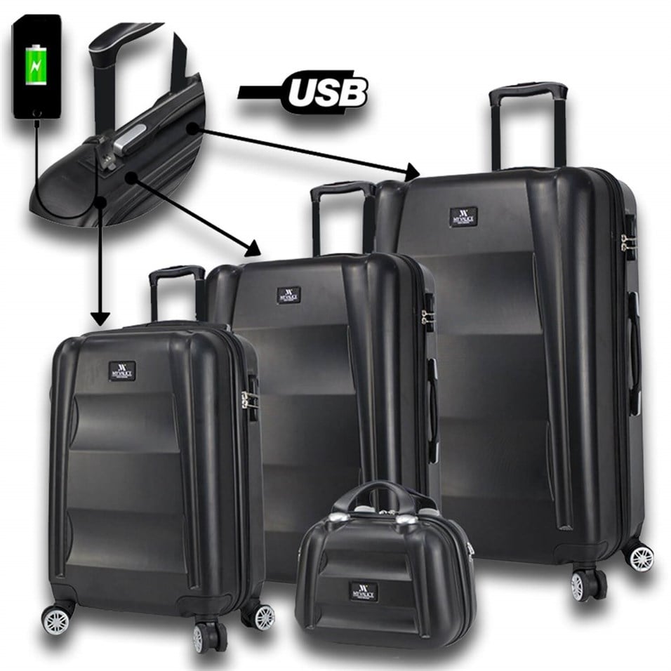 My Valice Smart Bag Exclusive Suitcase With USB Charging Port Set of 4 (Travel Set) Black