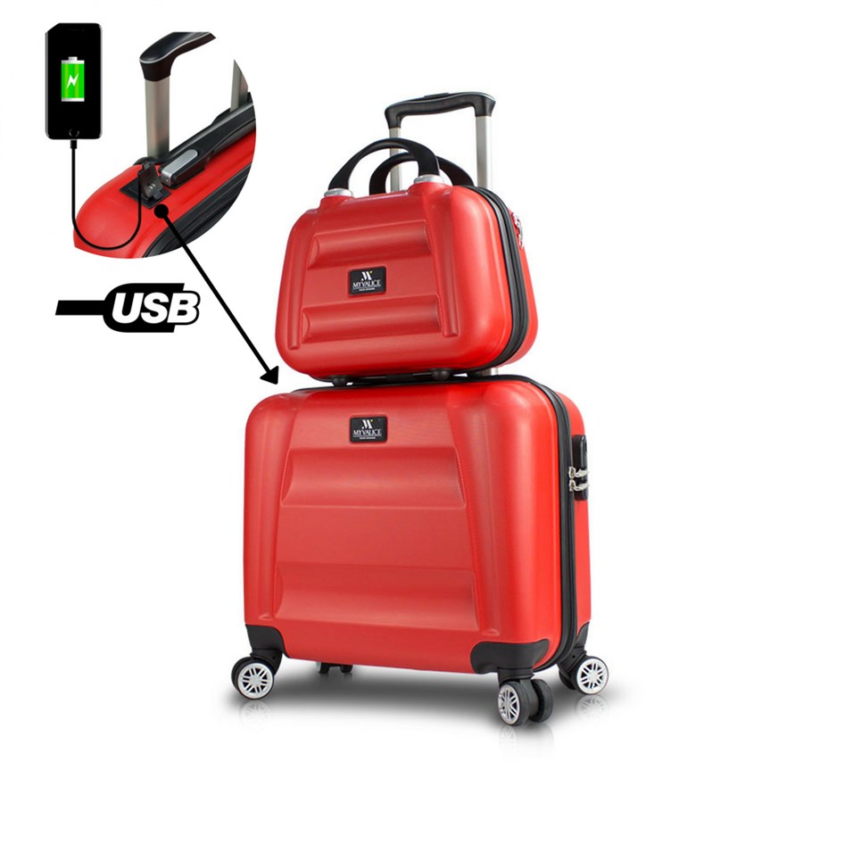 My Valice Smart Bag Exclusive Usb Şarj Girişli 2'li Valiz Seti (Pilot ve Makyaj) Kırmızı