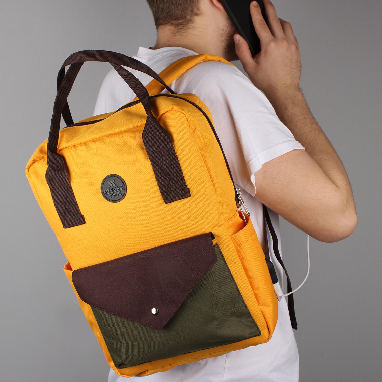 My Valice Smart Bag Post Usb Şarj Girişli Laptop Bölmeli Notebook Sırt Çantası Hardal