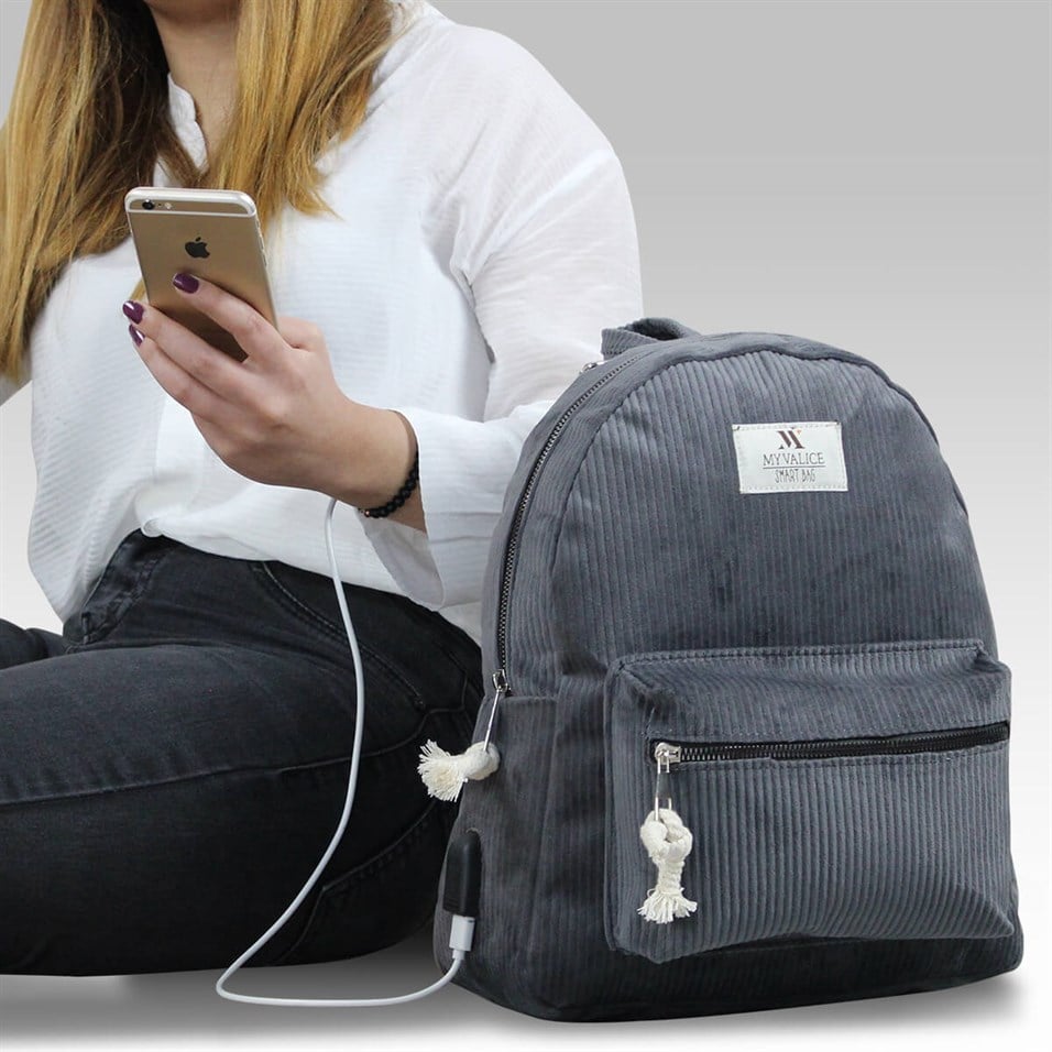 My Valice Smart Bag Usb Şarj Girişli Kadife Sırt Çantası 1201 Gri | My  Valice
