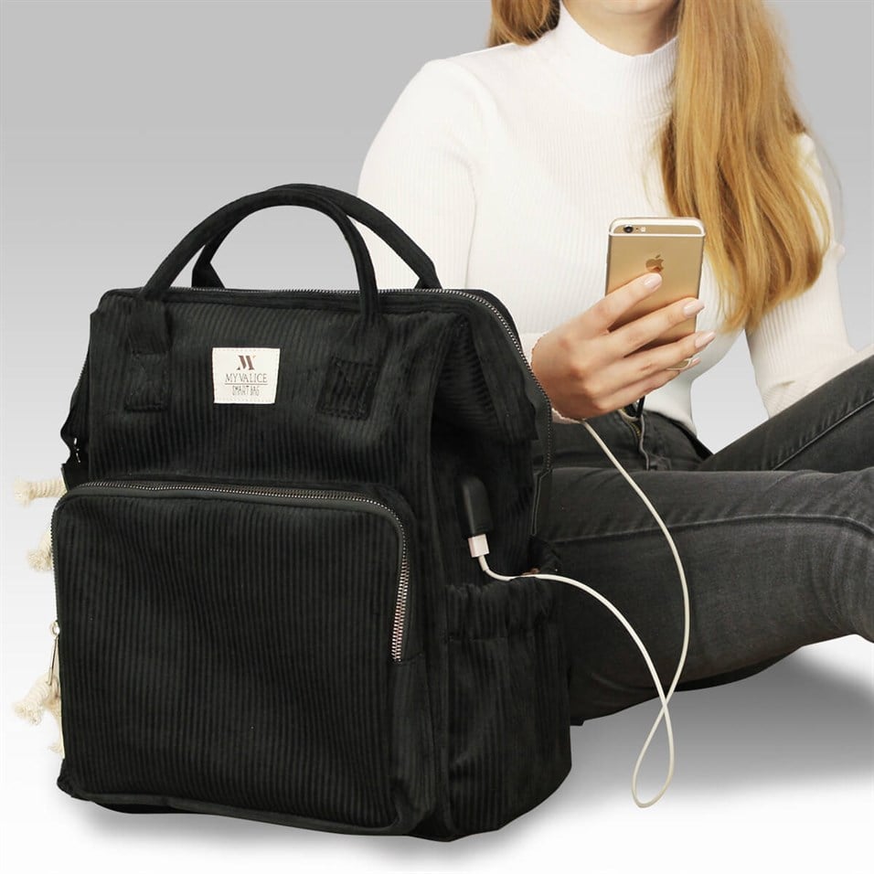 My Valice Smart Bag Usb'li Kadife Anne Bebek Bakım ve Sırt Çantası 1402 Siyah