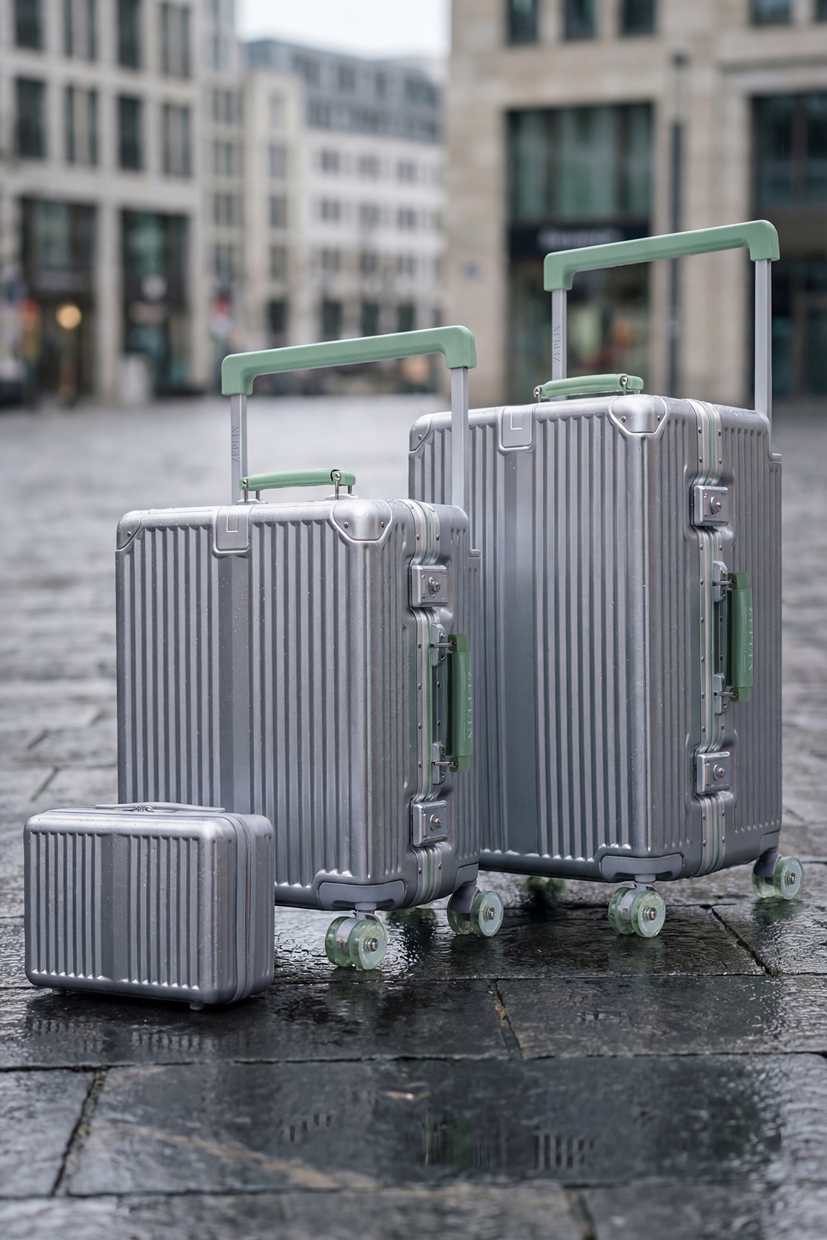 Boxy PC Policarbon 3'lü Valiz Seti (Kabin Orta ve Makyaj) Silver-Yeşil