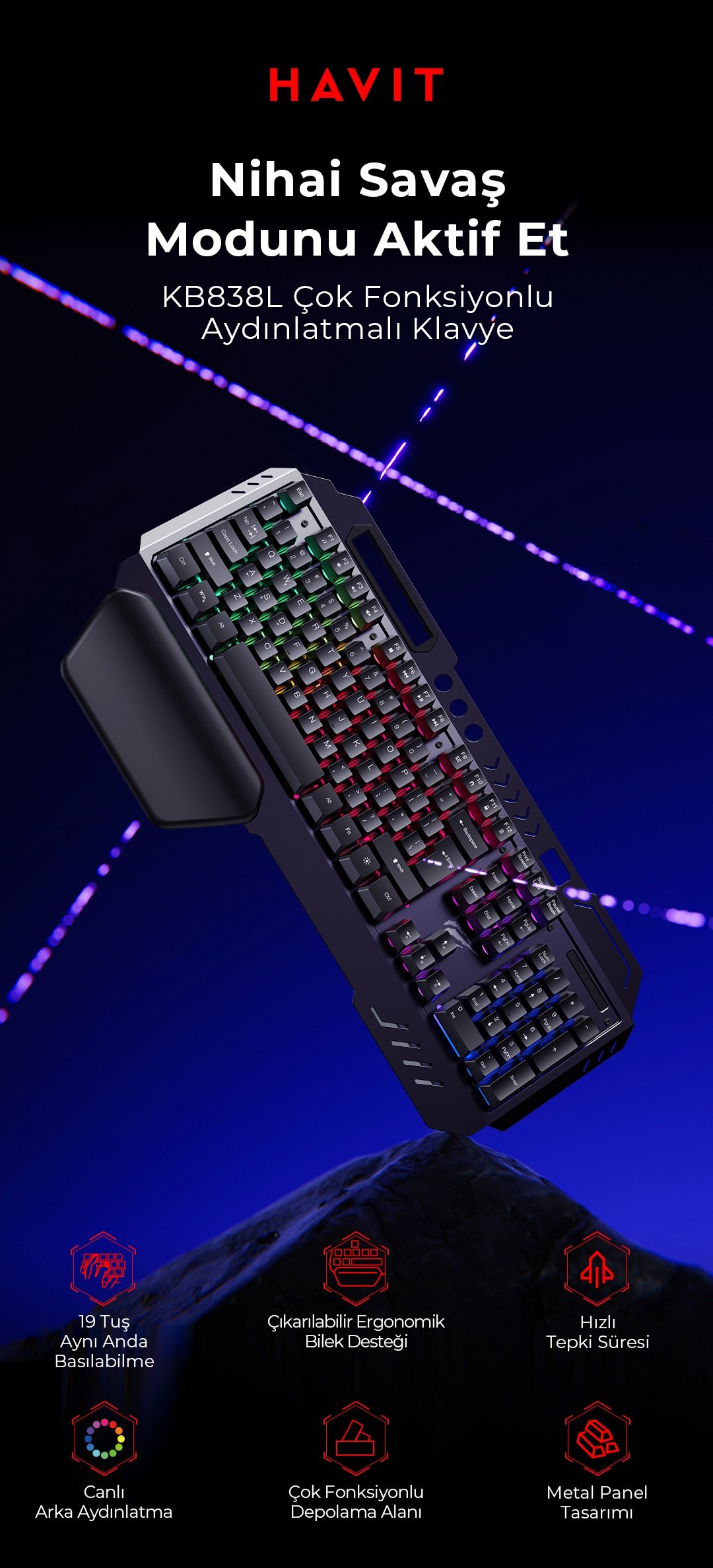 0.0Havit Gamenote KB838L Rainbow Aydınlatma Metal Oyuncu Klavyesi