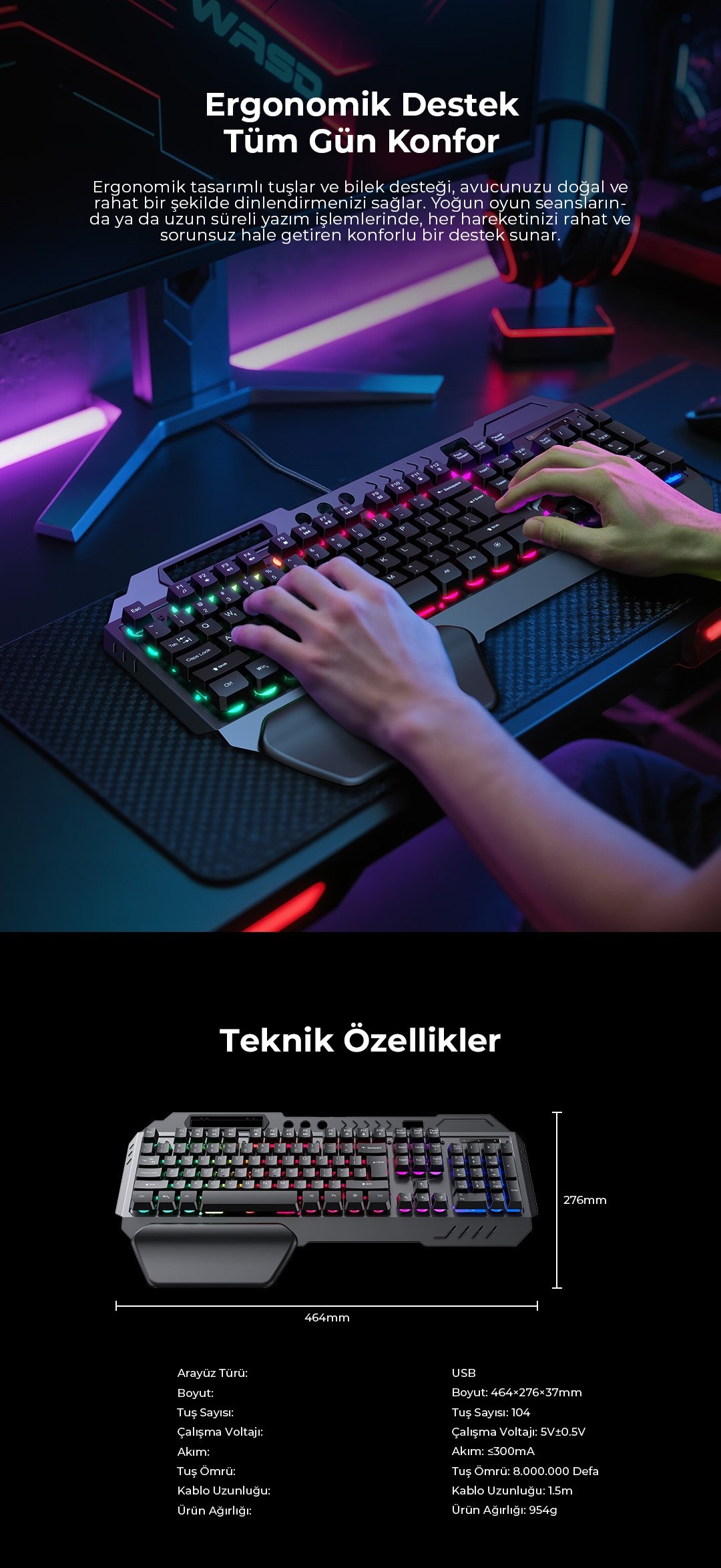0.0Havit Gamenote KB838L Rainbow Aydınlatma Metal Oyuncu Klavyesi