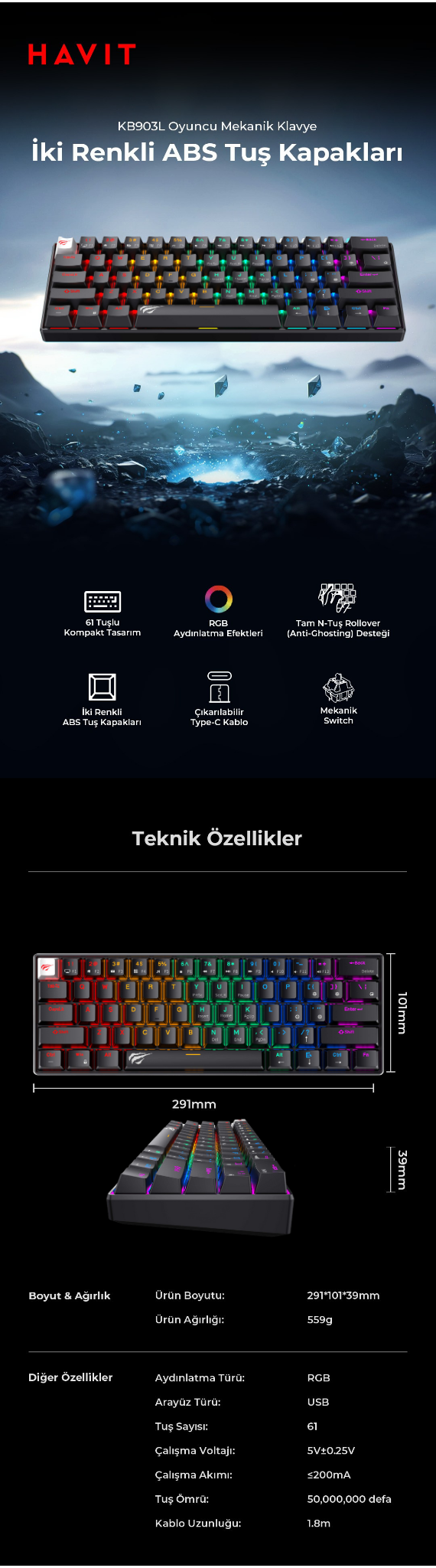 Havit Gamenote KB903L Mekanik %60 Klavye