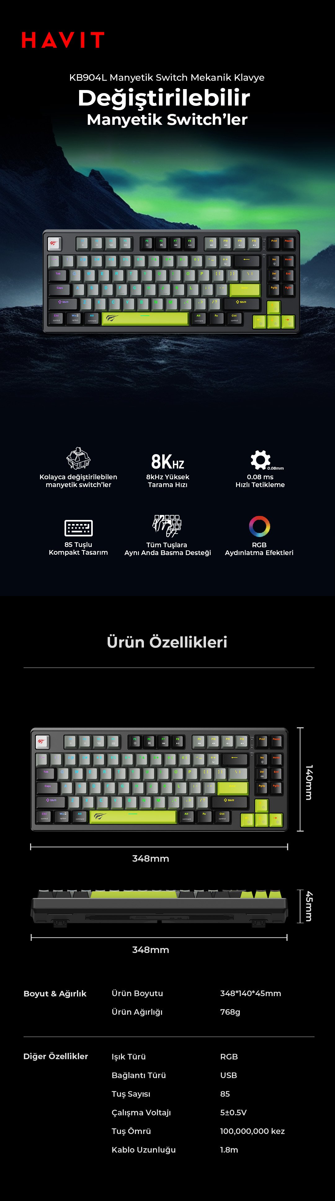 Havit Gamenote KB904L Manyetik Switch Klavye
