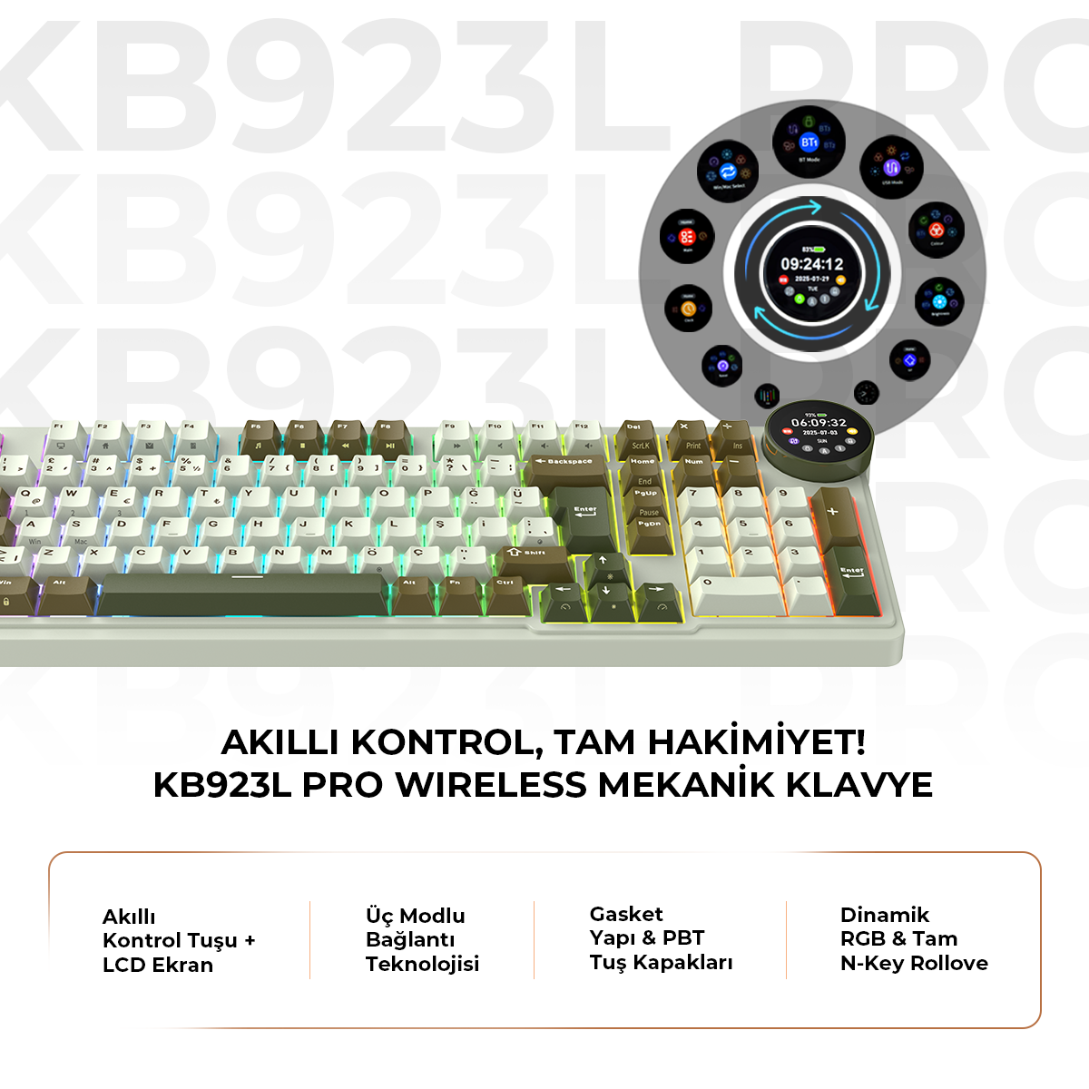 Havit Gamenote KB923L Pro Tri-Mode Kablosuz Mekanik RGB Oyuncu Klavyesi – LCD Ekranlı – Kahverengi