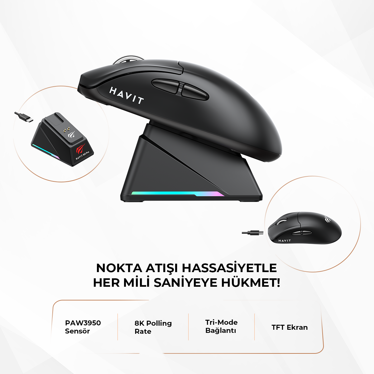 Havit M5 PRO Superlight Kablosuz Gaming Mouse - 30.000 DPI PAW3950 Sensör - RGB Şarj Standlı - TFT Ekranlı - Siyah