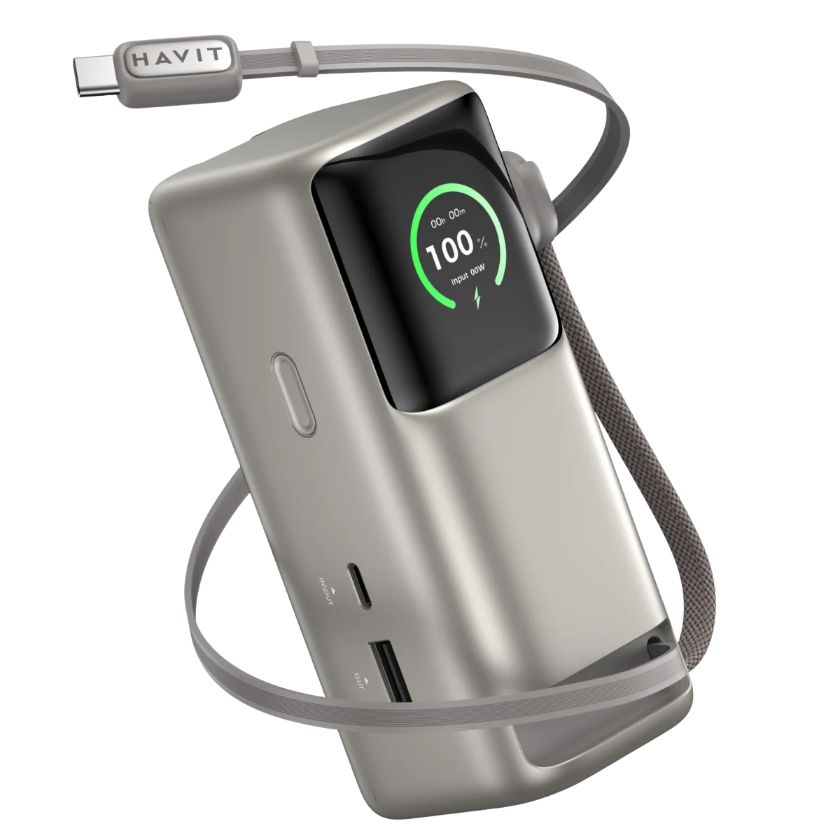 Havit PB37 10.000mAh 65W PD Hızlı Şarj Cihazı Powerbank – Akıllı Dijital Ekranlı ve Dahili USB-C Kablolu