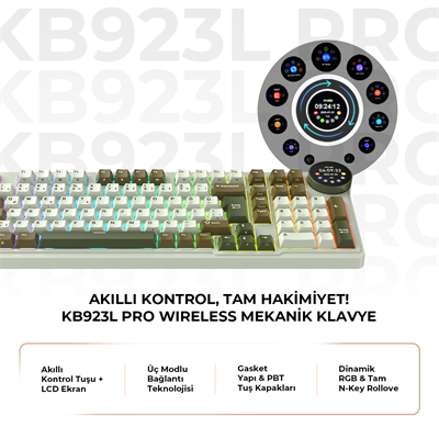 Havit Gamenote KB923L Pro Tri-Mode Kablosuz Mekanik RGB Oyuncu Klavyesi – LCD Ekranlı – Kahverengi