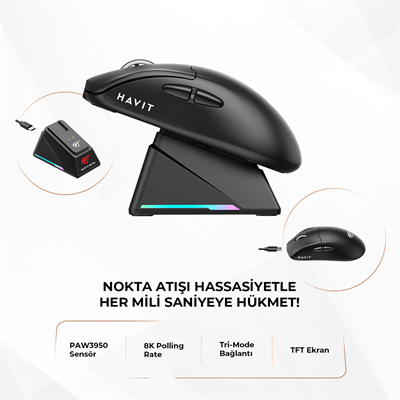 Havit M5 PRO Superlight Kablosuz Gaming Mouse - 30.000 DPI PAW3950 Sensör - RGB Şarj Standlı - TFT Ekranlı - Siyah