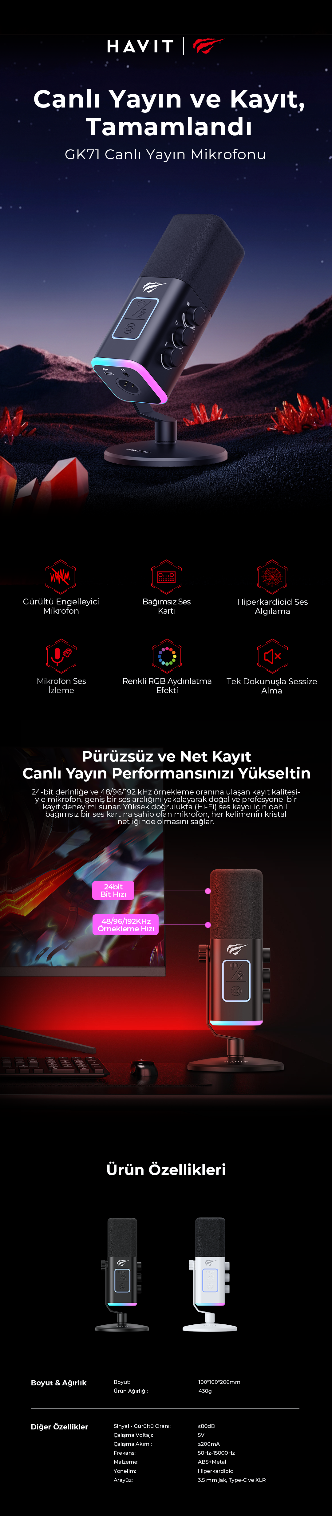 Havit Gamenote GK71 RGB Yayıncı Mikrofonu Detay