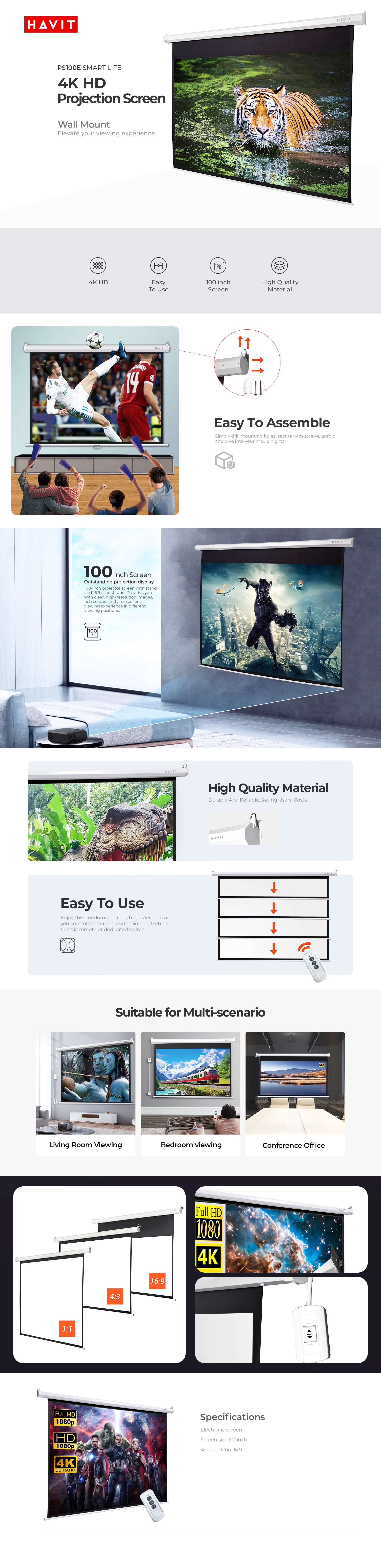 Havit PS100E Duvar Tipi Projeksiyon Motorlu Perde