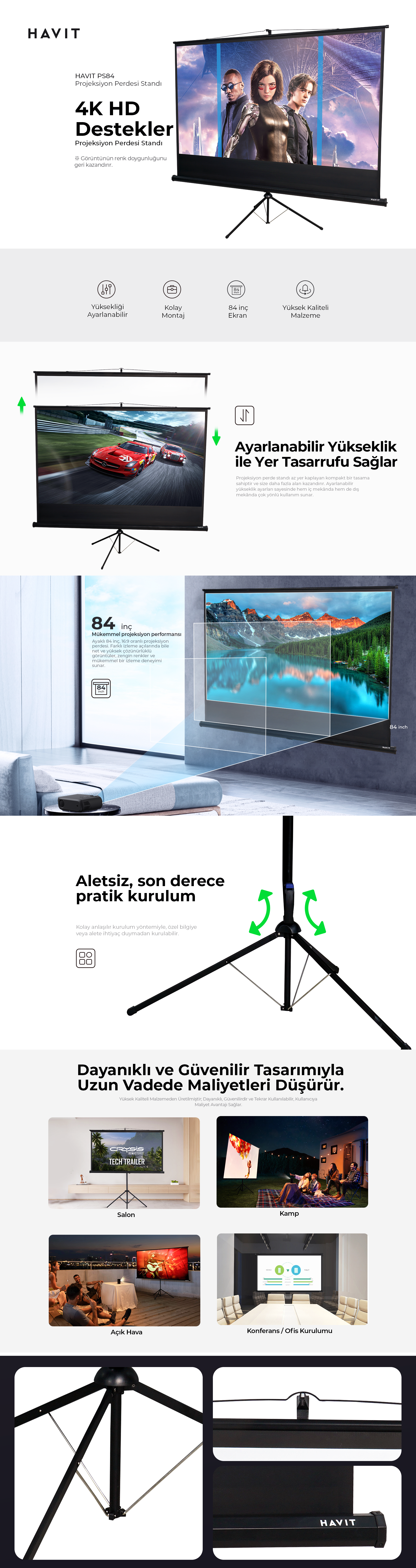 Havit PS84 Taşınabilir Ayaklı Projeksiyon Perdesi 84 inç