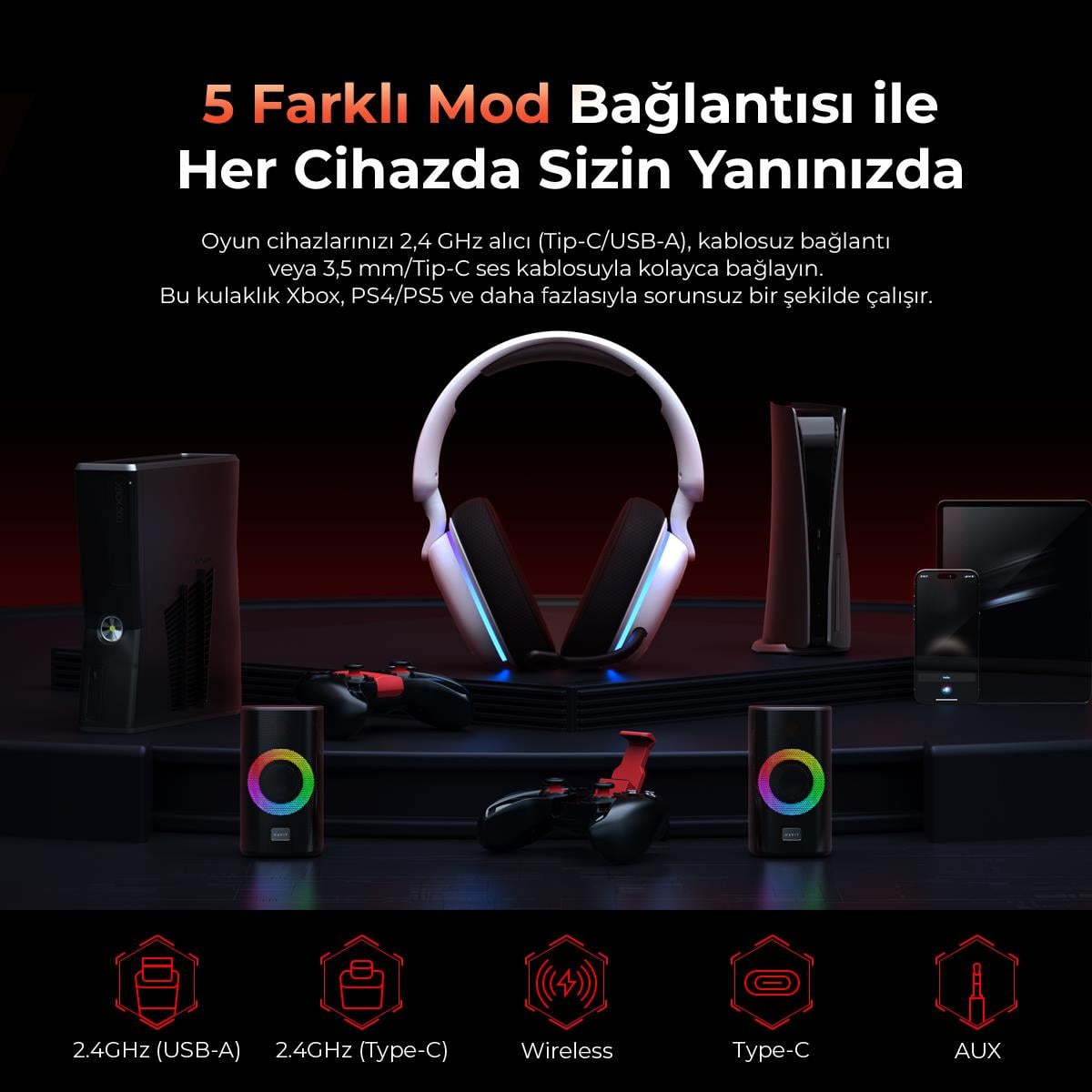 Havit Gamenote Fuxi-H7 RGB Kablosuz Gaming Oyuncu Kulaklığı - Siyah