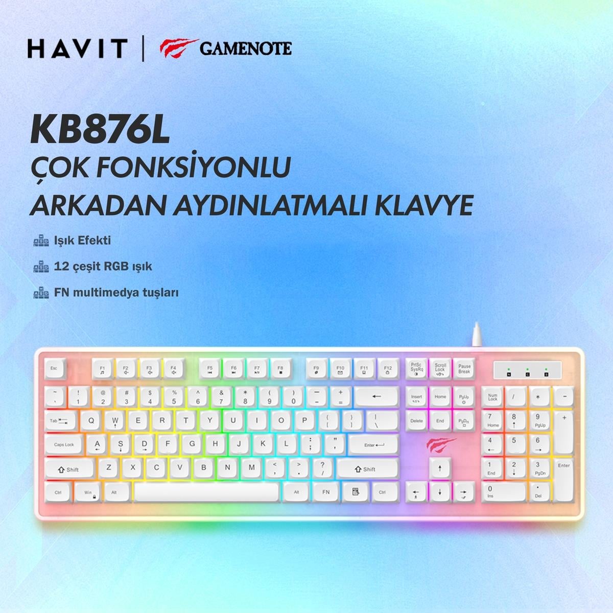 Havit Gamenote KB876L RGB Gaming Klavye - Beyaz