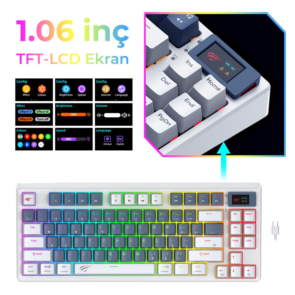 Havit Gamenote Kb884L Rgb Mekanik Türkçe Klavye 1.06inç Tft-lcd Ekran - Red Switch