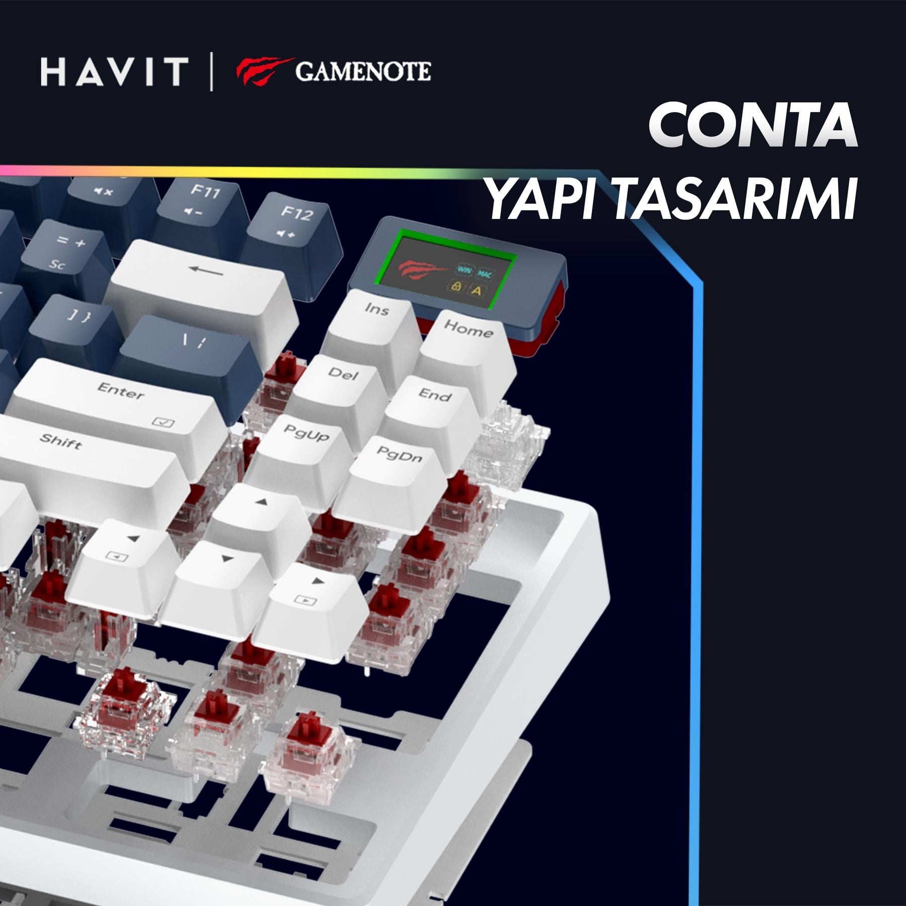 Havit Gamenote Kb884L Rgb Mekanik Türkçe Klavye 1.06inç Tft-lcd Ekran - Red Switch