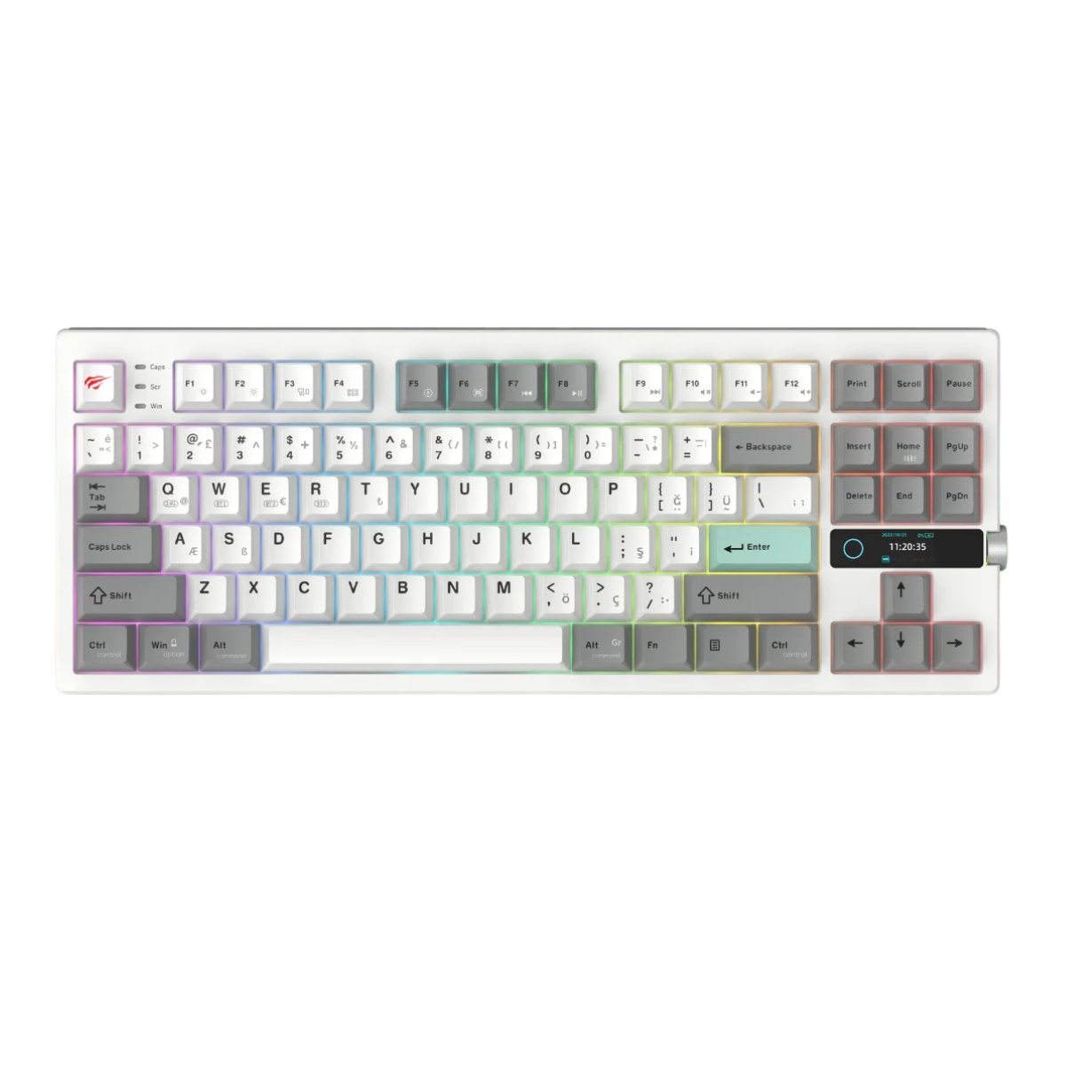 Havit Gamenote KB909L Hot-Swap Gaming Mekanik Klavye Light Blue Switch - TFT Ekranlı, 3 Modlu (BT/2.4G/Kablolu) - Beyaz