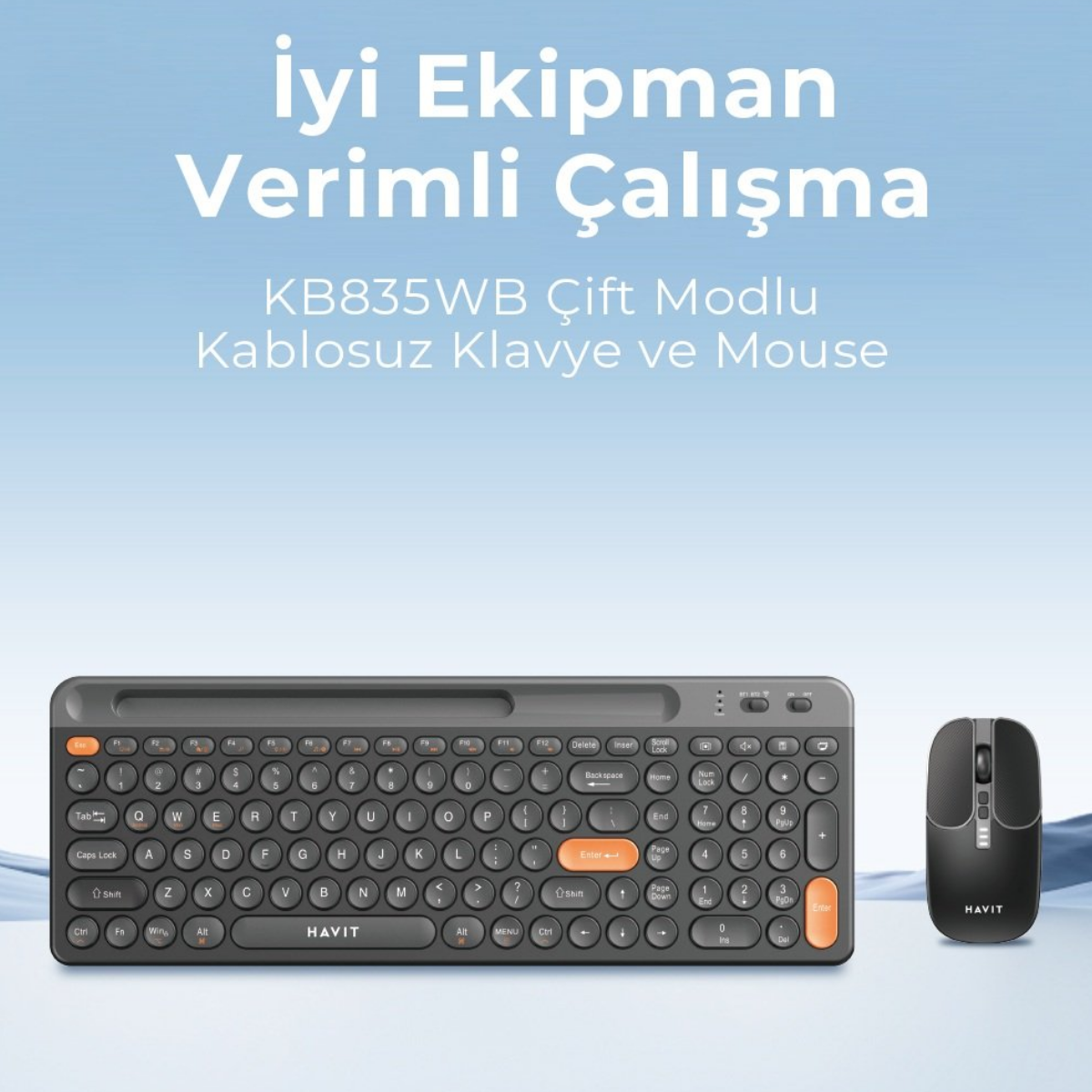 Havit KB835WB Dual Mode Kablosuz Klavye ve Mouse Seti | Türkçe Q | Bluetooth + 2.4GHz | Sessiz Tuş | Retro Tasarım - Siyah