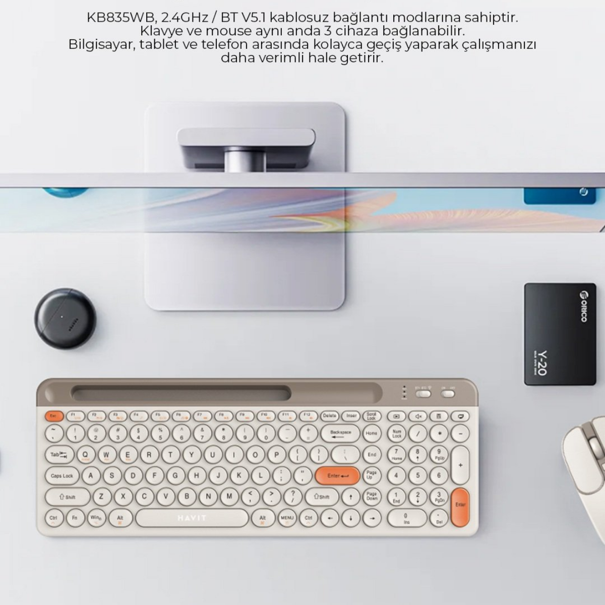 Havit KB835WB Dual Mode Kablosuz Klavye ve Mouse Seti | Türkçe Q | Bluetooth + 2.4GHz | Sessiz Tuş | Retro Tasarım - Bej