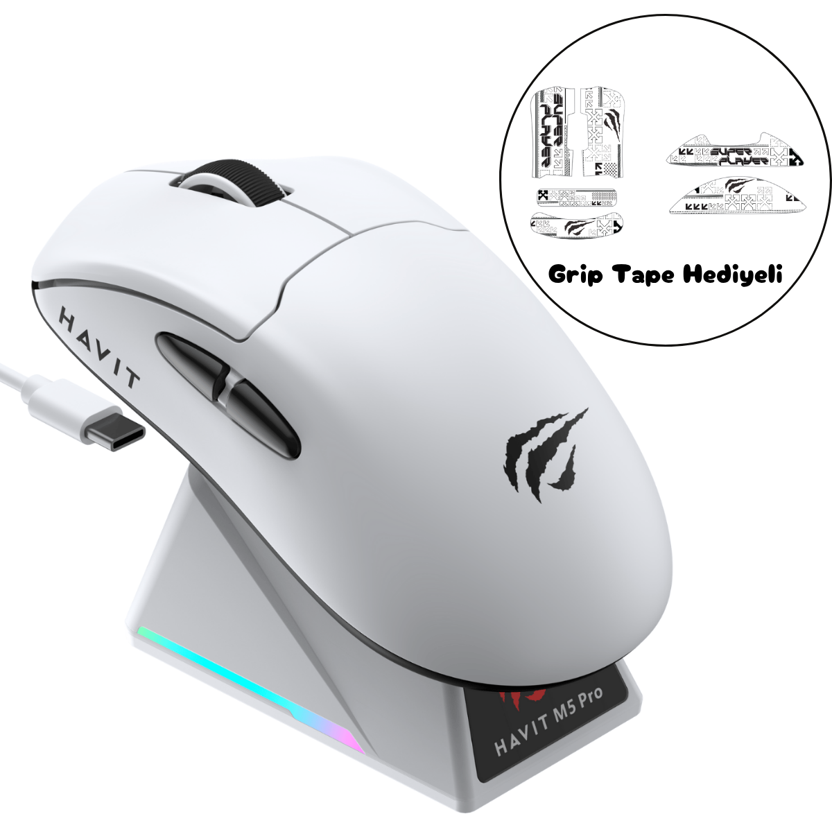Havit M5 PRO Superlight Kablosuz Gaming Mouse - 30.000 DPI PAW3950 Sensör - RGB Şarj Standlı - TFT Ekranlı - Beyaz