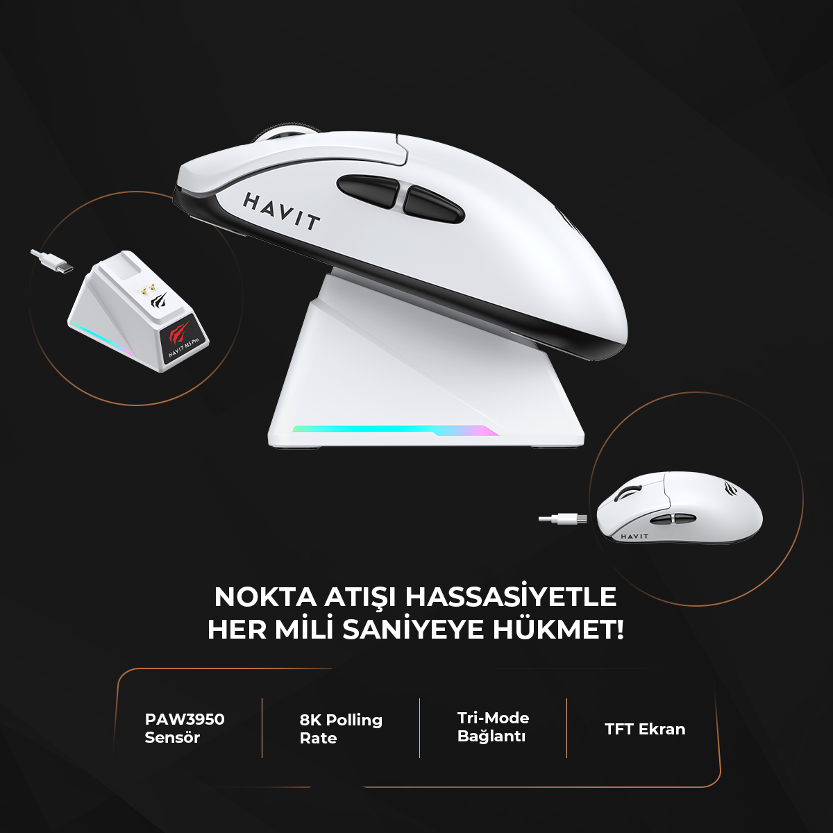 Havit M5 PRO Superlight Kablosuz Gaming Mouse - 30.000 DPI PAW3950 Sensör - RGB Şarj Standlı - TFT Ekranlı - Beyaz
