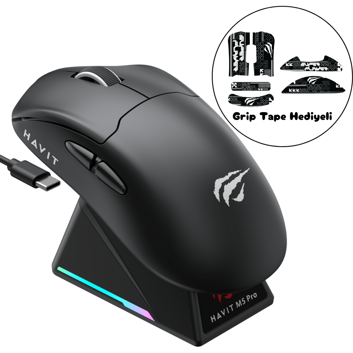 Havit M5 PRO Superlight Kablosuz Gaming Mouse - 30.000 DPI PAW3950 Sensör - RGB Şarj Standlı - TFT Ekranlı - Siyah