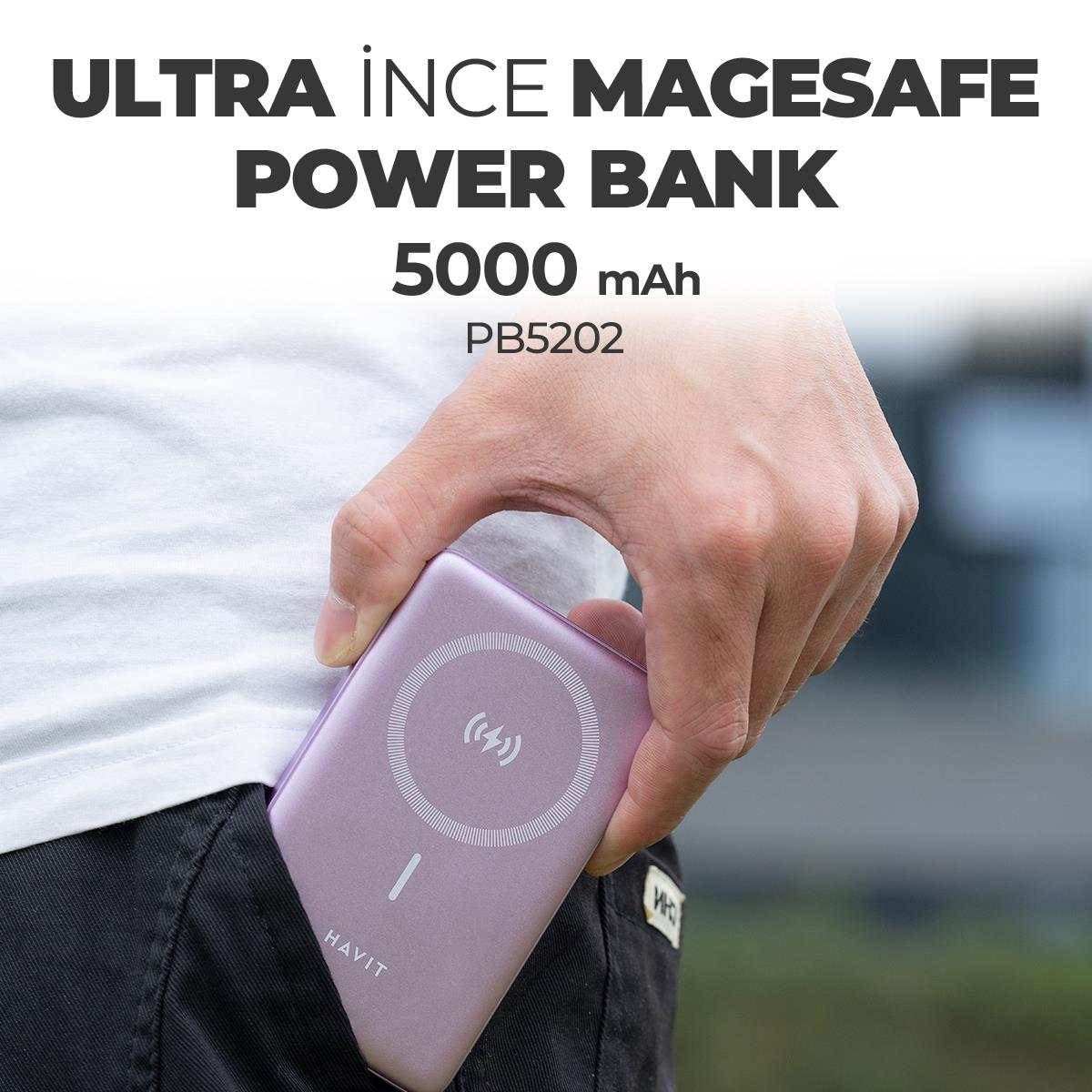 Havit PB5202 5.000mAh Magsafe Manyetik Kablosuz Powerbank Ultra Ince 20W, Iphone Uyumlu - Mor