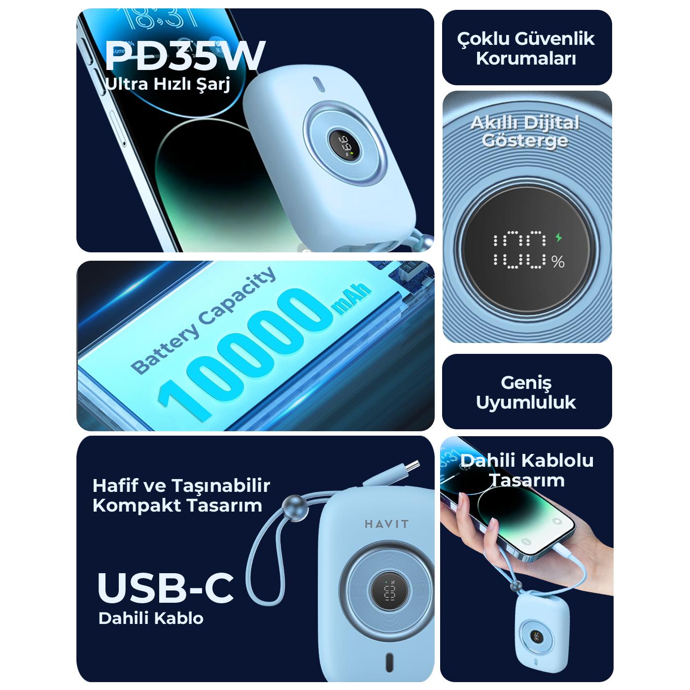 Havit PB5214 PD35W Type-C Kablo 10.000 mAh Powerbank - Mavi